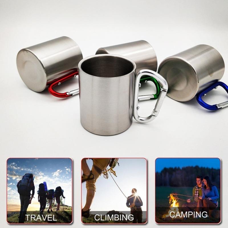 Stainless Steel Water Bottle with Carabiner Handle Metal Cup 220ml/7oz Suitable for Outdoor Sports Camping Hiking Mountaineering