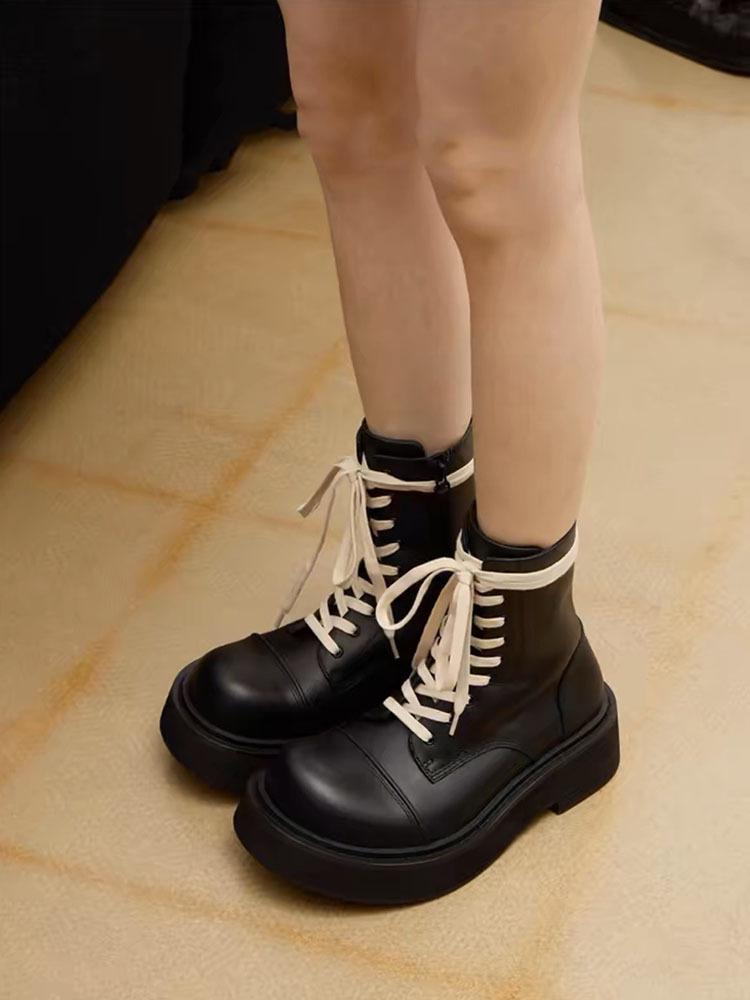 Cowhide version~ Small 9cm thick-soled heightening leather Martin boots women's lace-up sweet cool big head boots small short boots