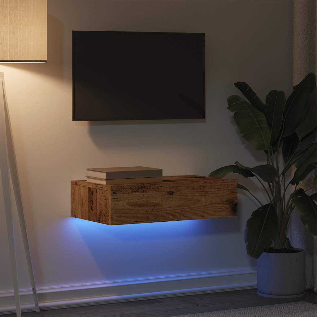 Wandmontiertes TV-Regal Mit Schubladen Und LED-Licht, Vintage-Holzoptik, Maße 60x35x15,5 Cm