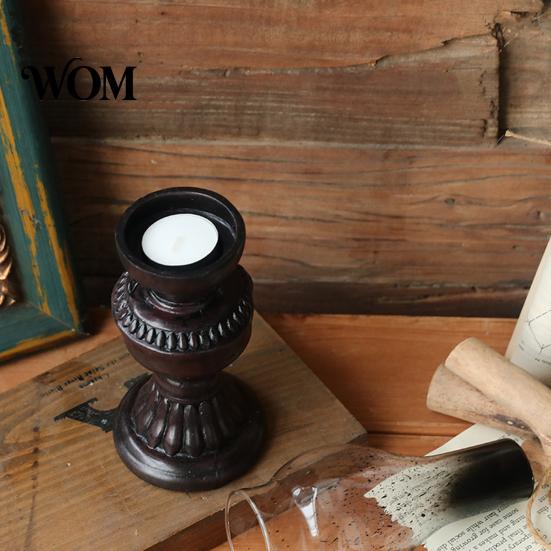 Old-fashioned Candle Lamp Miniature Kerosene Resin Holder, Retro Oil Figurine with Smoked Model Glass Shade & Carved Base, Tabletop Decor for