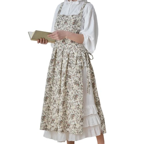 

TOWYYO Floral Print Apron, Cute and Stylish, One-Piece Style, Covers Your Bottom, 100% Cotton, 2-Way, with Pockets, Shoulder Strap, Long Length, Women