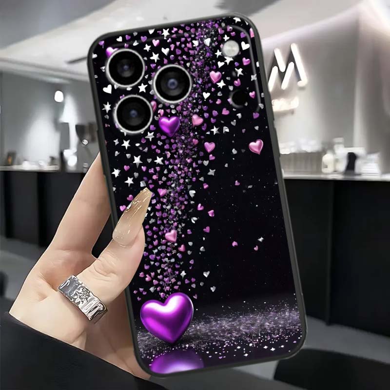 Luxurious Love Design Art Phone Case For Apple iPhone 17 16 16E 15 14 13 12 11 Pro Max Plus Black Soft Silicone