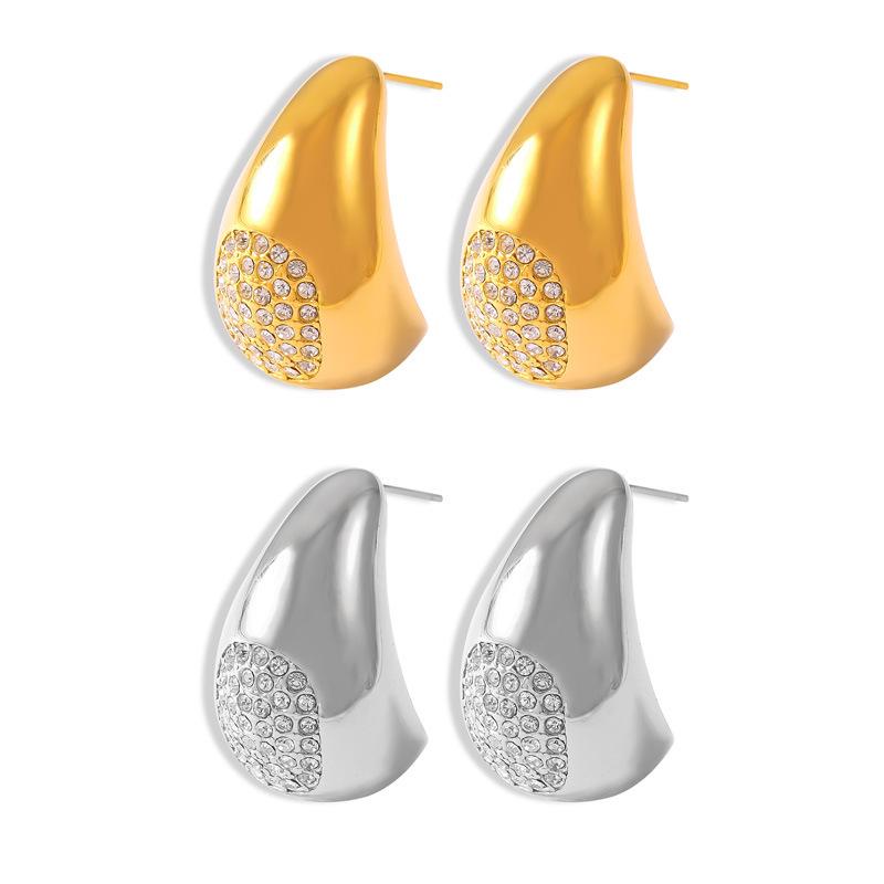 18k Gold Titanium Steel Teardrop Diamond Earrings - European & American Fashion Jewelry