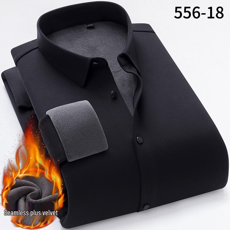 Men s Slim Fit Velvet Long Sleeve Shirt - Winter 2025 Solid Color Business Style 4XL чёрный