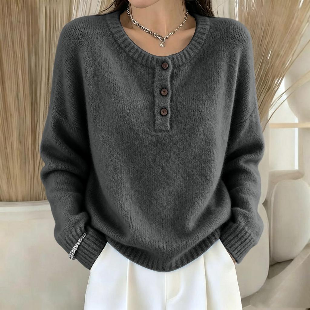 Women's Color Button Front Long Sleeve Round Neck Casual Sweater Top