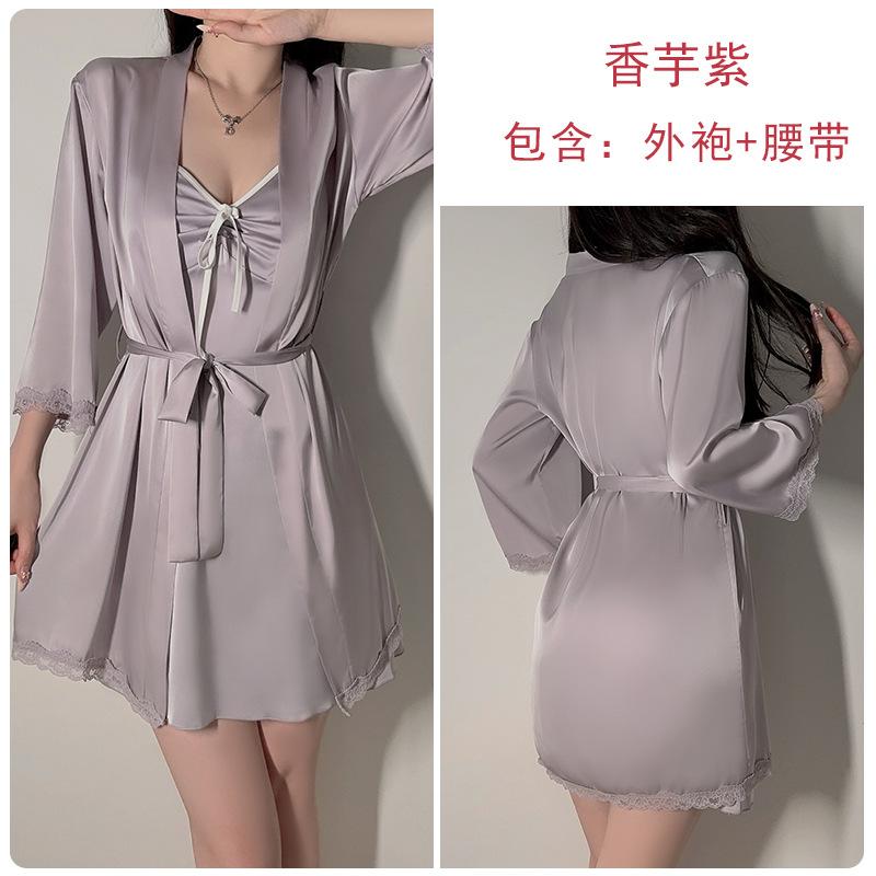 Women's Silky Deep V Push Up Padded Slim Cami Dress with Robe Lounge Set