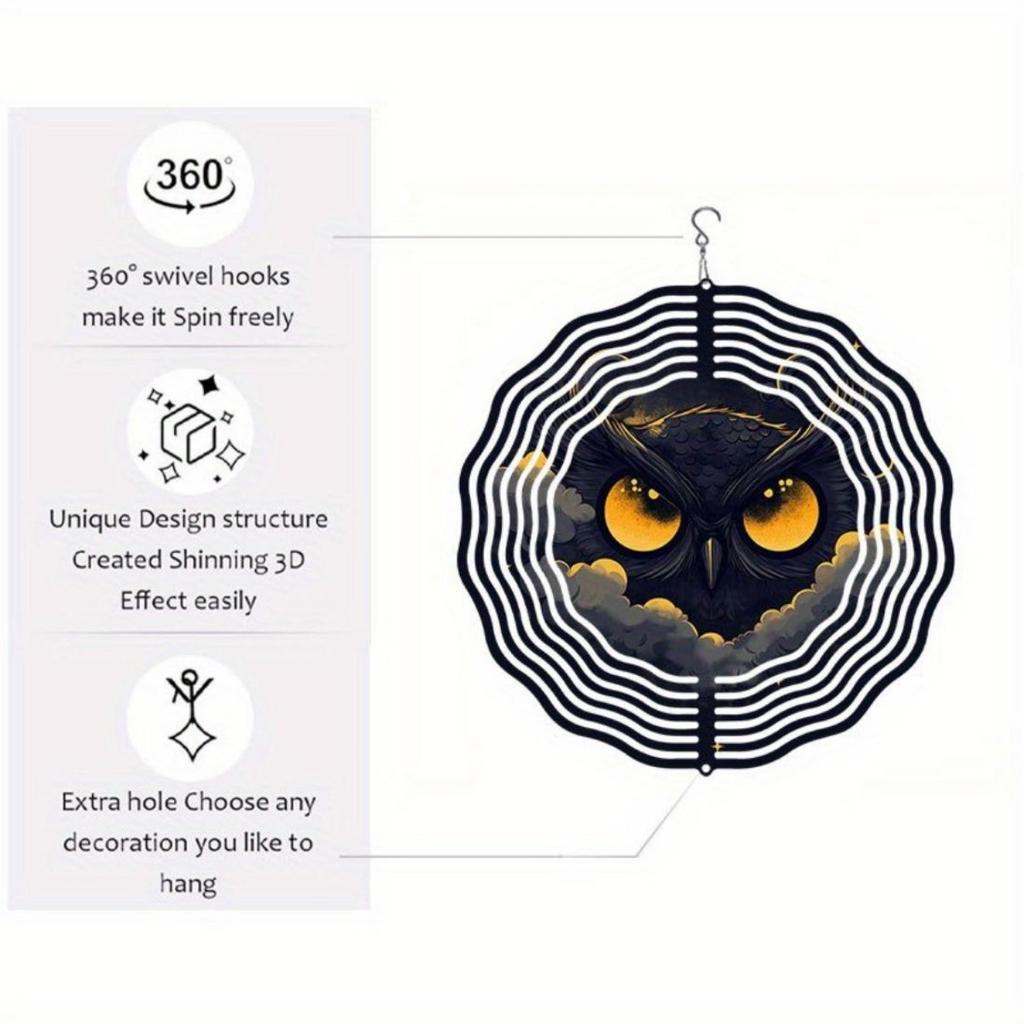 1 szt. Metalowy Dzwonek Wietrzny Mandala Sowa - Czarno-Złoty Artystyczny Design, Kojący Dźwięk Dekoracja Wisząca Zewnętrzna/Wewnętrzna do Ogrodu, Patio