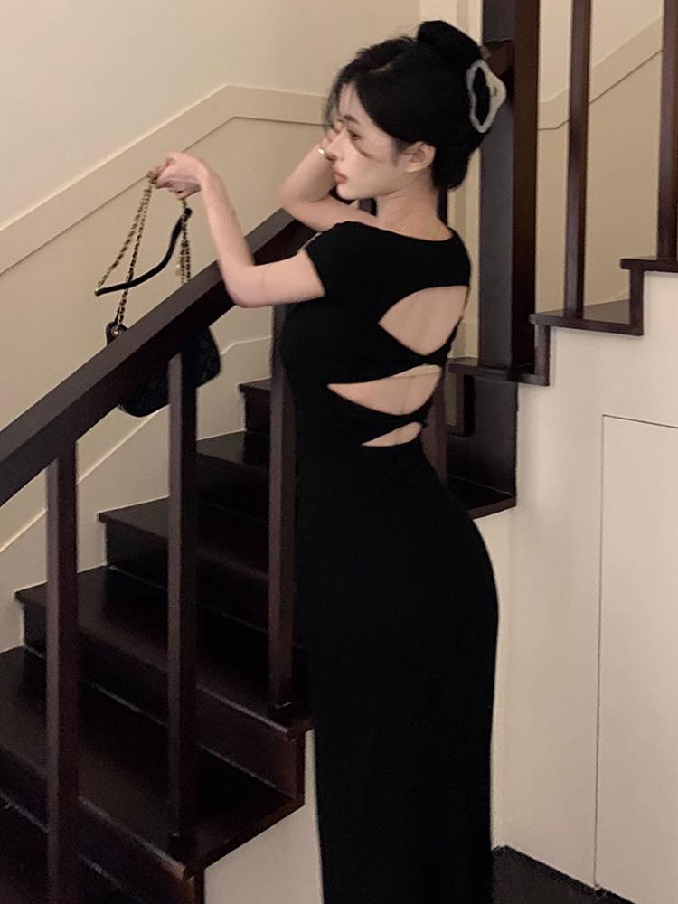 Hepburn Style Slim Fit Backless French Maxi Dress - Elegant, Sexy, Cinched Waist, and Hip-Hugging for Women’s Summer Fashion Medium