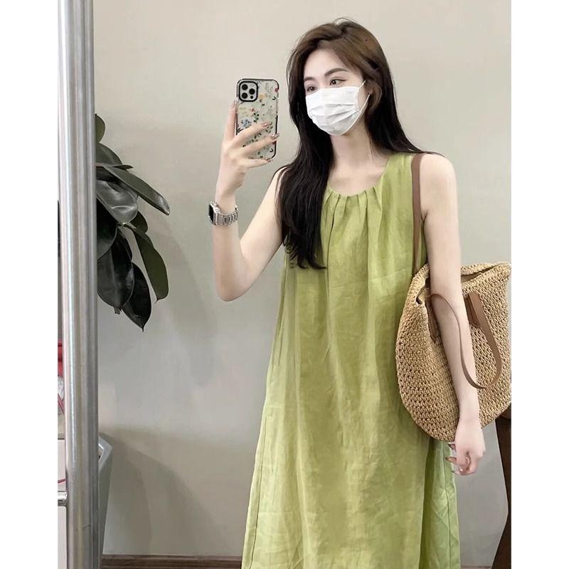 French Green Sleeveless Loose and Thin Drape Vest Dress Summer New Chubby Girl Wear