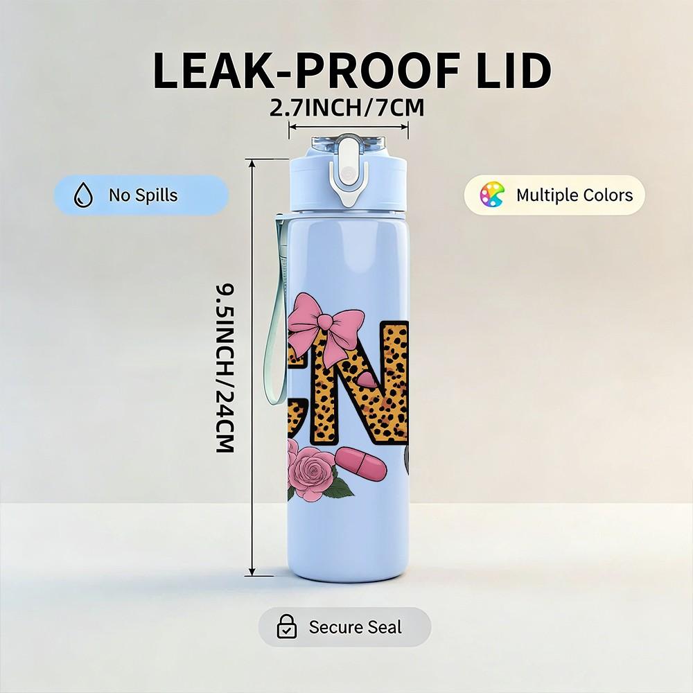 1PC CNA Leopard Floral Border 750ml Color Plastic Sports Water Bottle Leakproof Flip Straw Lid Suitable for Sports Office Home Use