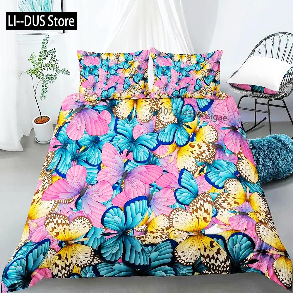 Butterfly Bedding Set For Boys Watercolor Butterfly Duvet Cover Fantasy Floral Animal Polyester Quilt Cover King Queen