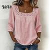Skin-friendly Fabric Shirt Women Square Collar 3/4 Sleeve Pure Color Casual Loose Fit Tops Blouse Lace Splicing Summer Breathable