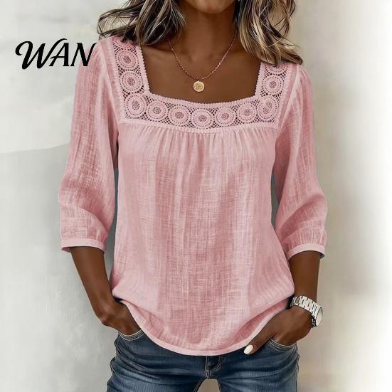 Skin-friendly Fabric Shirt Women Square Collar 3/4 Sleeve Pure Color Casual Loose Fit Tops Blouse Lace Splicing Summer Breathable