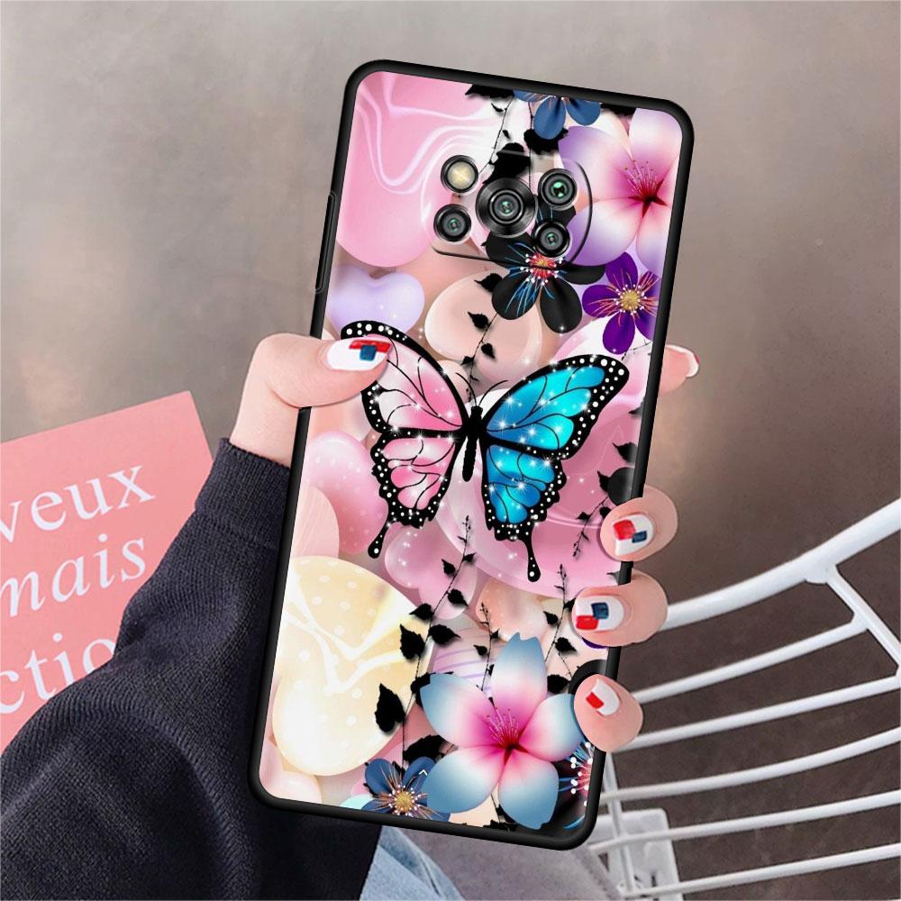 Hülle für Xiaomi Mi Poco X3 NFC X4 Pro F3 F4 GT M4 M3 F1 C40 11 Lite 11T Weiche Silikon-Funda-Telefonabdeckung Diamant Blume Schmetterling