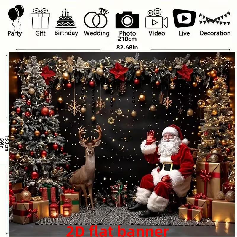 

2D Festive Christmas Indoor Backdrop, Black Background Santa and Reindeer Banner for Events 47.2x31.5inch/120*80cm