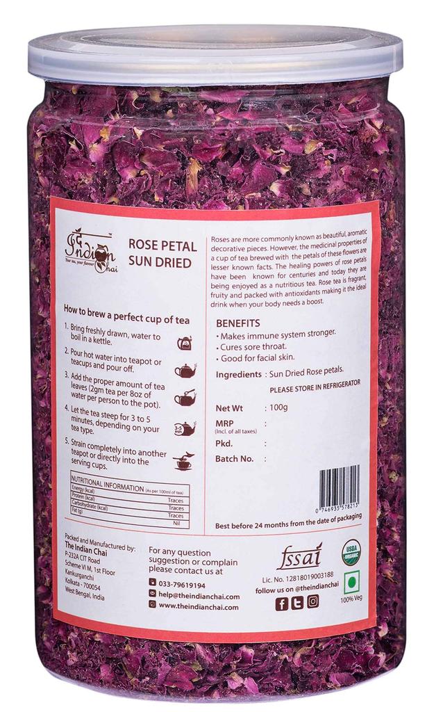 The Indian Chai - Rose Petals Sun Dried 100g, Gulab Patti for Beautiful Hair & Skin, Food Grade Edible Fragrant Natural Healthy Best for Te