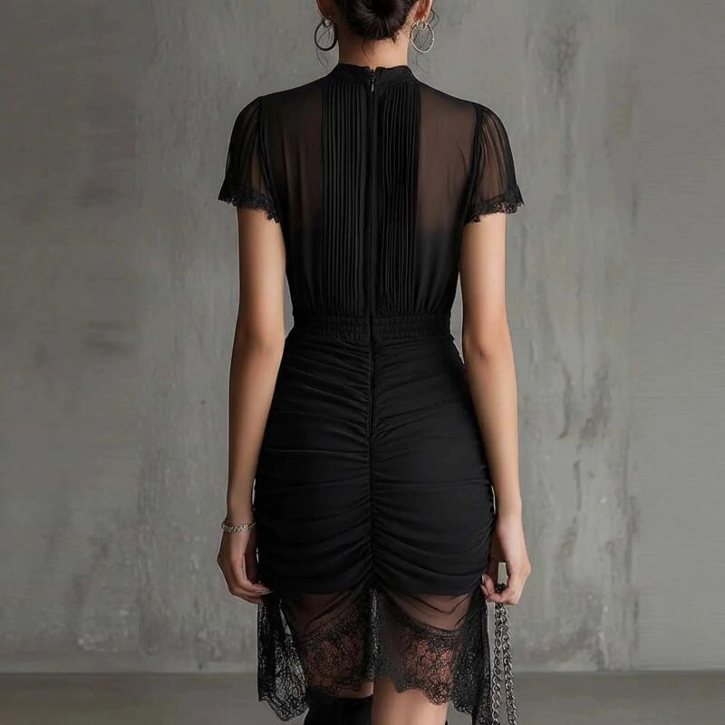 Women's Mini Dress Half High Collar Lace Trim Short Sleeve Drawstring Ruched Bodycon Dress Elegant Night Out Party Short Dress