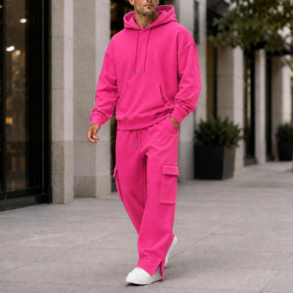 Men's Loose Fit Lined Hoodie and Wide Leg Cargo Pants Set Casual Outdoor Sports Tracksuit