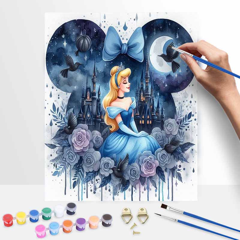 Cinderella Night Castle Disney Oil Painting Kit, Home Decor Handmade Gift for Princess Fans, Blue Fantasy Art Paint by Numbers Set