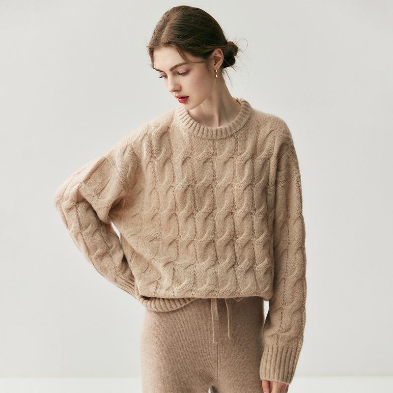 

Women s Heavyweight Cable Knit Cashmere Pullover - Fall/Winter Long Sleeve Round Neck Sweater One Size