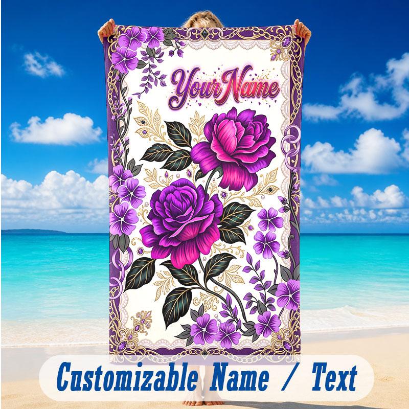 Floral Garden Theme Beach Towel Personalized Custom Name & Text Soft Quick Dry Beach Towel for Swimming Travel