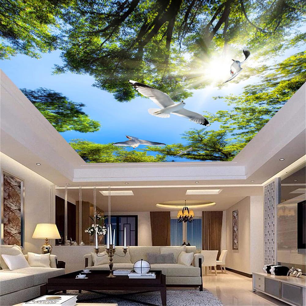 Blue Sky Green Tree White Pigeon Ceiling Wallpaper 3d Large Ceiling Mural Simple Restaurant Living Room Ceiling Wallpaper
