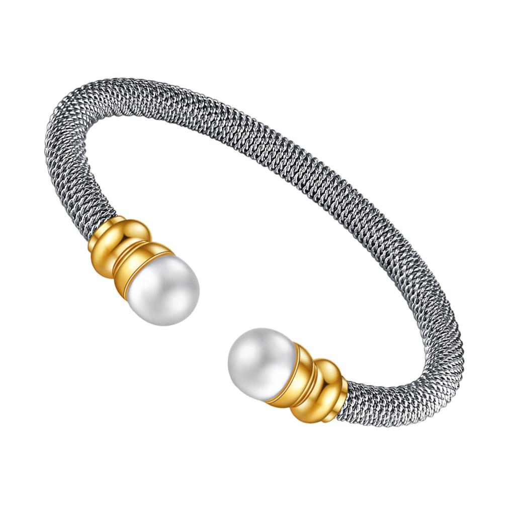 Personality Cable Pearls Titaniums Steel Bracelet Adjustable Open Bangle Two Color Electroplated Wristband for Women