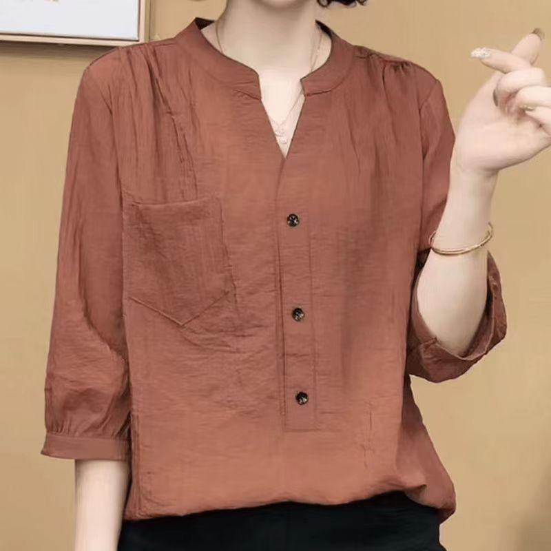 Elegante Top de Color Liso de Manga Media Holgado Adelgazante de Verano para Mujer