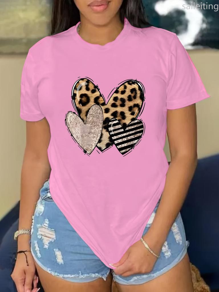 Heart Print Tshirt Short Sleeve Crew Neck Casual Top for Summer Spring Women's Clothing Summer Short Sleeved Harajuku Streetwear