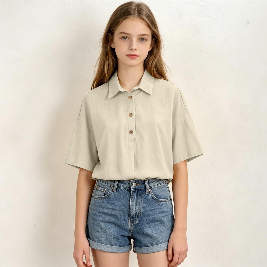 Boys Short Sleeve Shirt Cotton Linen Blend Lightweight Breathable Summer Casual Top with Button Placket and Classic Collar for Kids