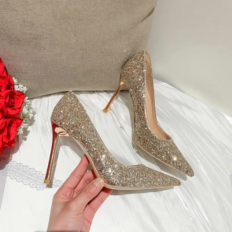 Módní boty na vysokém podpatku Ženy Flitry Tenké Svatební boty na jehlách 2024 Novinka Podzim/Zima Sexy špičaté dámské společenské boty