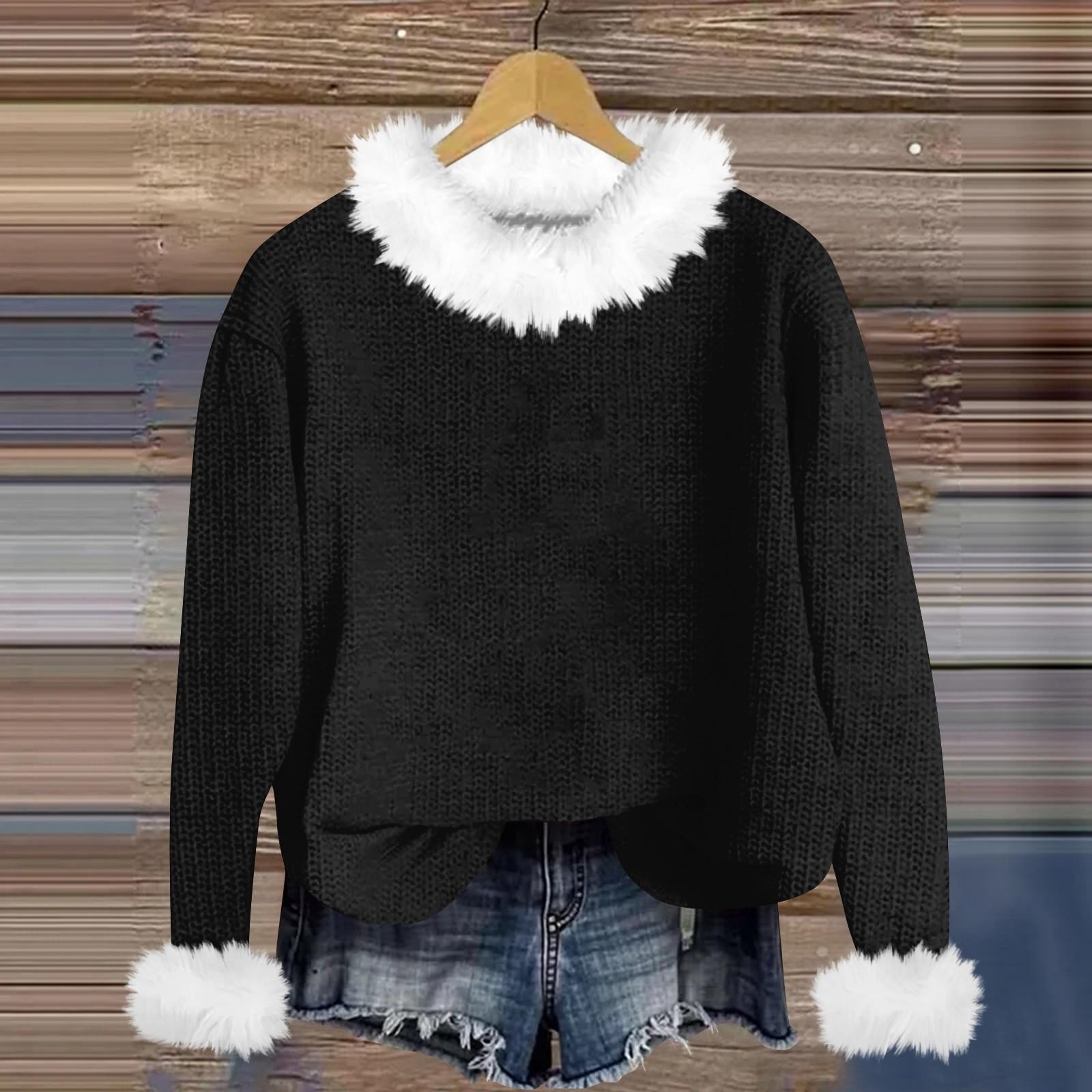 Свитшоты для женщин Вязаный свитер Милая рубашка Осенний круглый вырез Пуловер с меховым воротником Топы L чёрный 2196₽