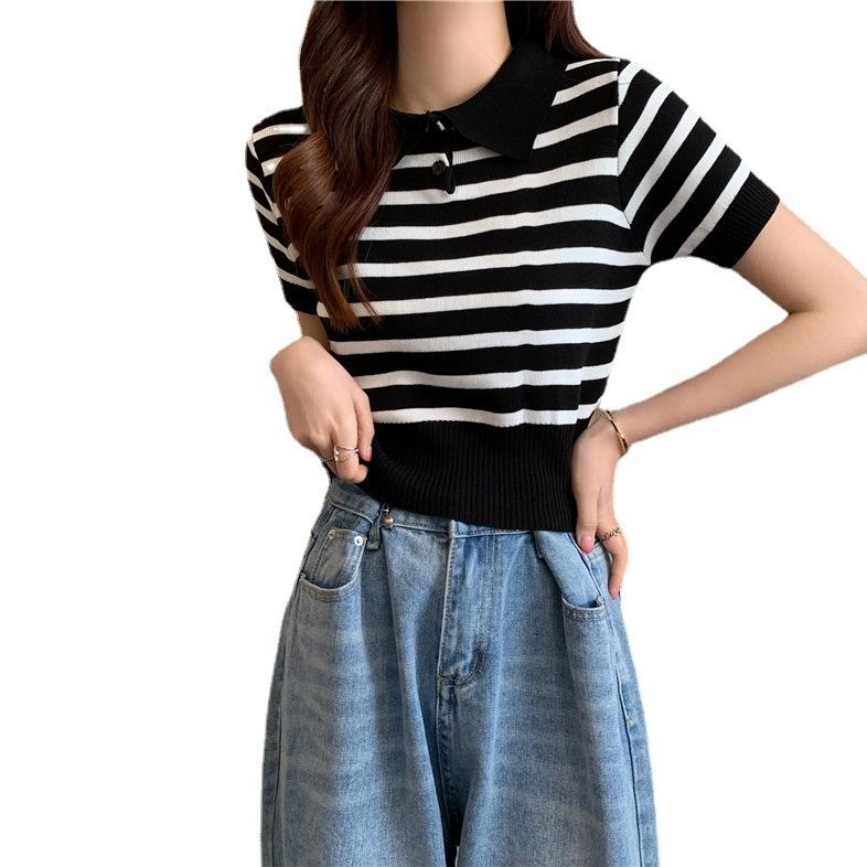 Çok Yönlü Kısa Üstler Kadın Retro Renk Bloklu Çizgili Beli Oturan Örgü Giyim Tide Günlük Yazlık Temel Konfor ve Stil Slim Fit Kazaklar Tişörtler