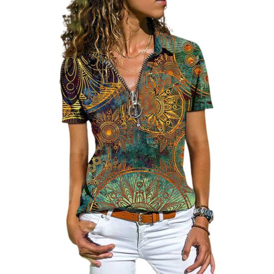 T-shirt Large Size Print Blouse Zipper Summer Ethnic All Match Slim-fitting Travel