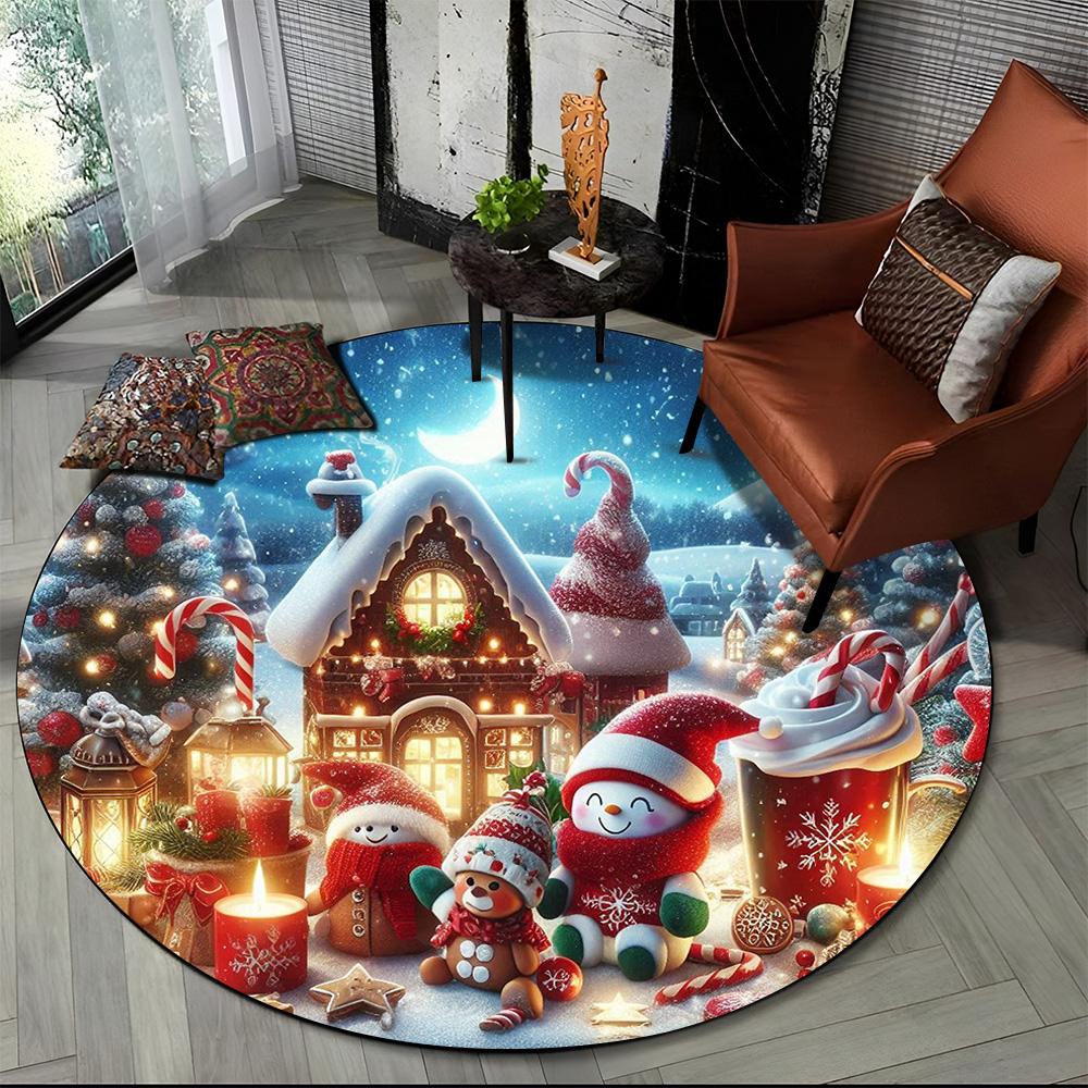 Cartoon Santa Claus Merry Christmas Snowman New Year Round Carpet Rug for Bedroom Living Room Sofa Decoration,Decor Floor Mat