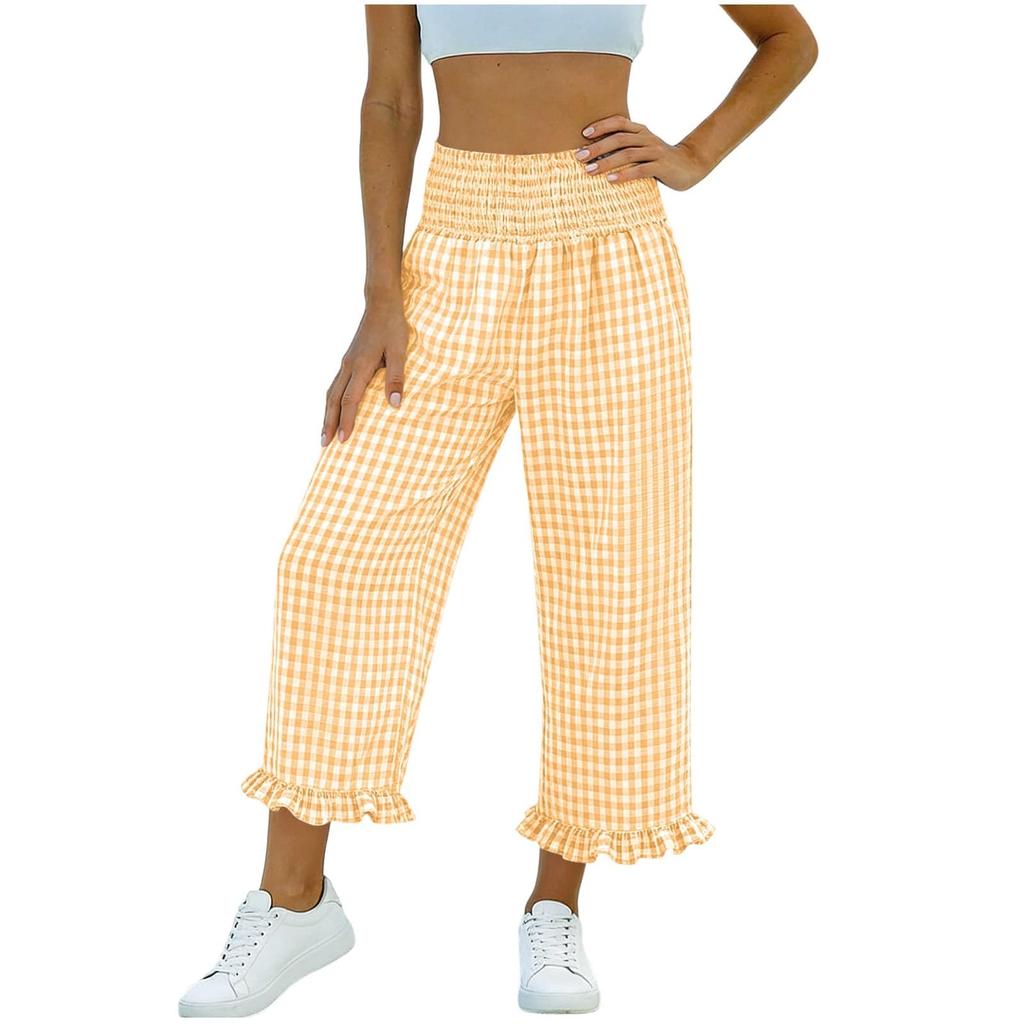 Women's Fashion Ruffle Hem Tartan Pocketed Pleated High-Waisted 9/10 Straight Leg Sporty Loose Casual Pants
