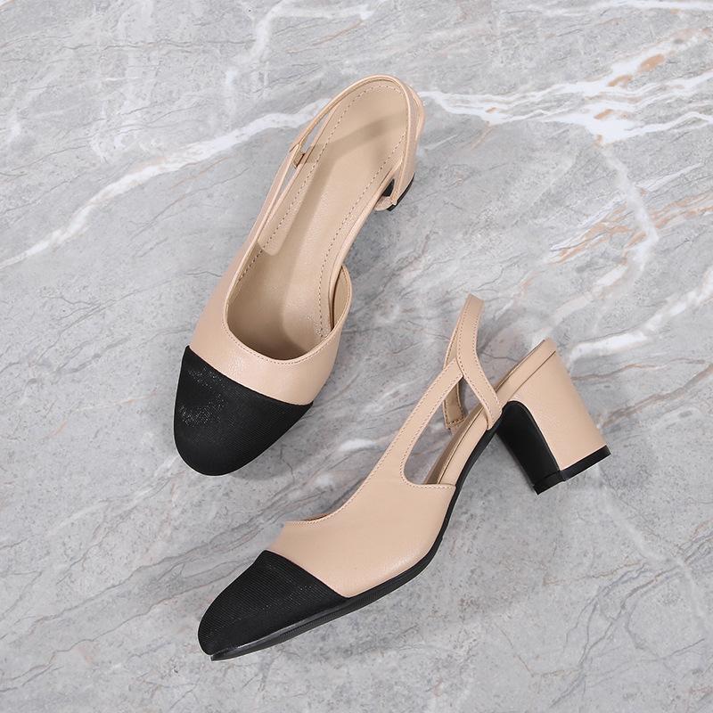Damen Slingbacks Schuhe High Heels Dicke High Heel Schuhe Rindsleder Mischfarben Pumps Damen High Heel Elegante Sandalen Weiblich
