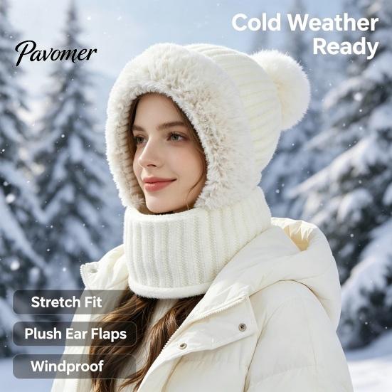 Passamontagna Invernale per Uomo e Donna, Passamontagna Antivento, Cappello Maschera da Sci a Maglia, Cappello a Maglia Foderato in Pile con Scaldacollo Scalda Teste, Pompon, Accogliente Freddo