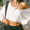 Long Sleeve Loose T-shirt Pure-color Shirt Top Simple Off-shoulder Crop Top  Streetwear