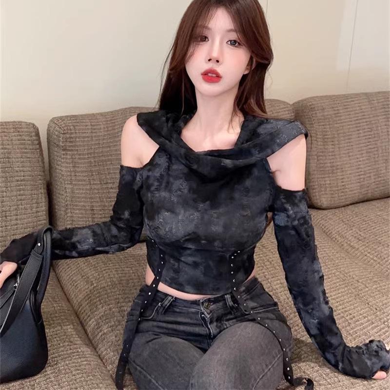 European & American Wasteland Style Tie-Dyed Off-Shoulder Ripped Hooded Long-Sleeve Women's T-Shirt