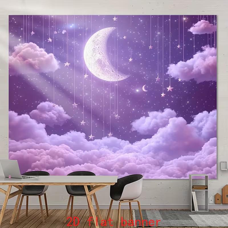

2D Dreamy Purple Moon Backdrop Pastel Cloud Starry Night Photography Background 47.2x31.5inch/120*80cm