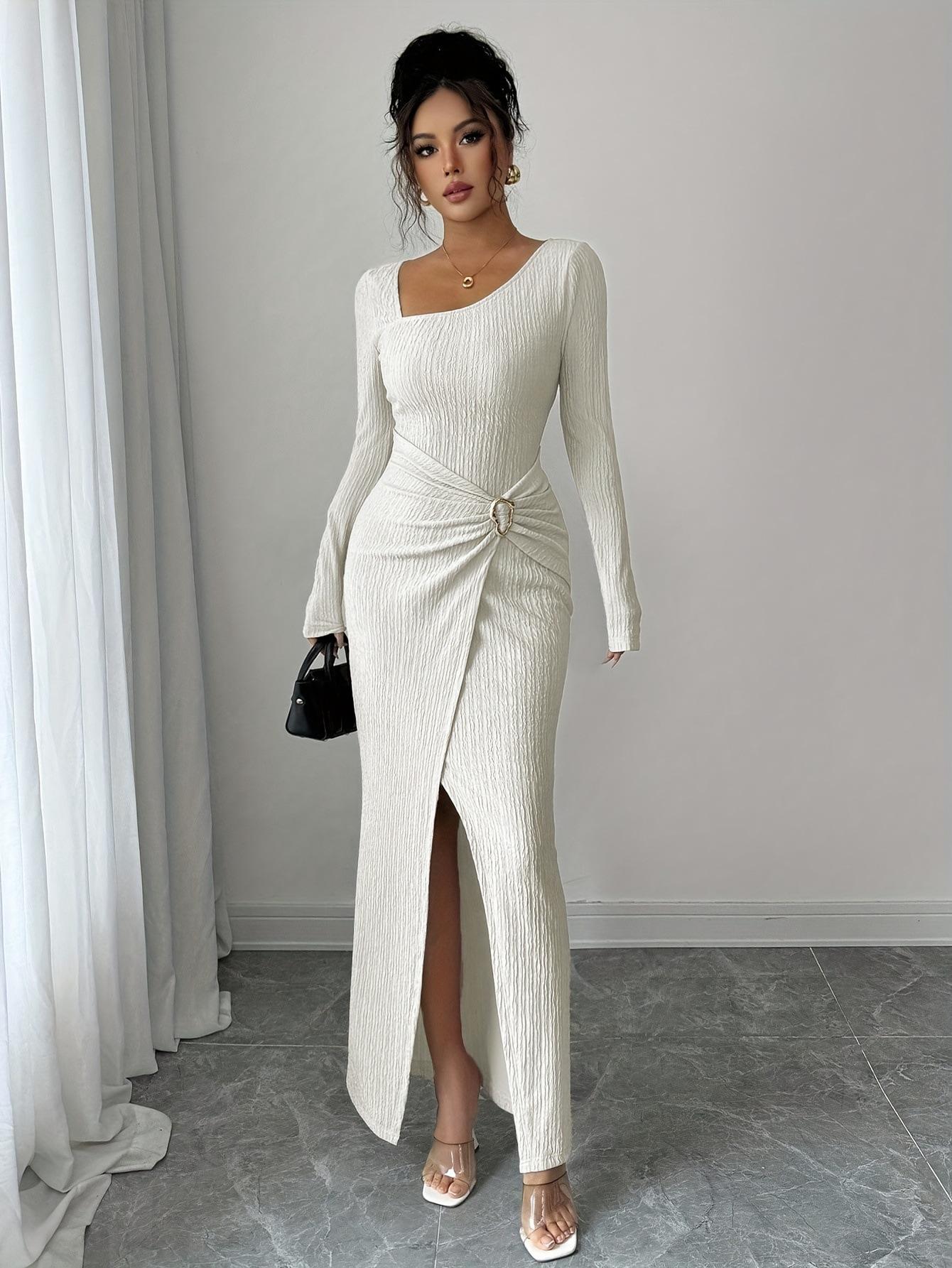 Long Sleeve Bodycon Maxi Dress with Asymmetric Neckline Waist Decorative Ring Slit Hem XS