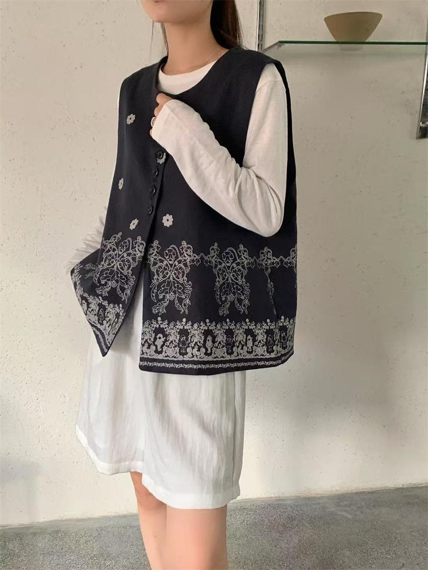 

Johnature Bohemian Round Neck Printed Loose Vest For Women Versatile Casual Sleeveless Coat L тёмно-синий