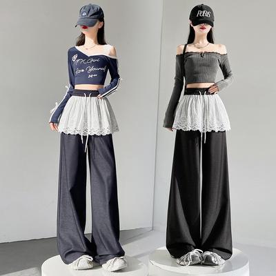Lace Straight Casual Pants Spring and Summer New Loose Elastic Waist Wide Leg Mopping Trousers