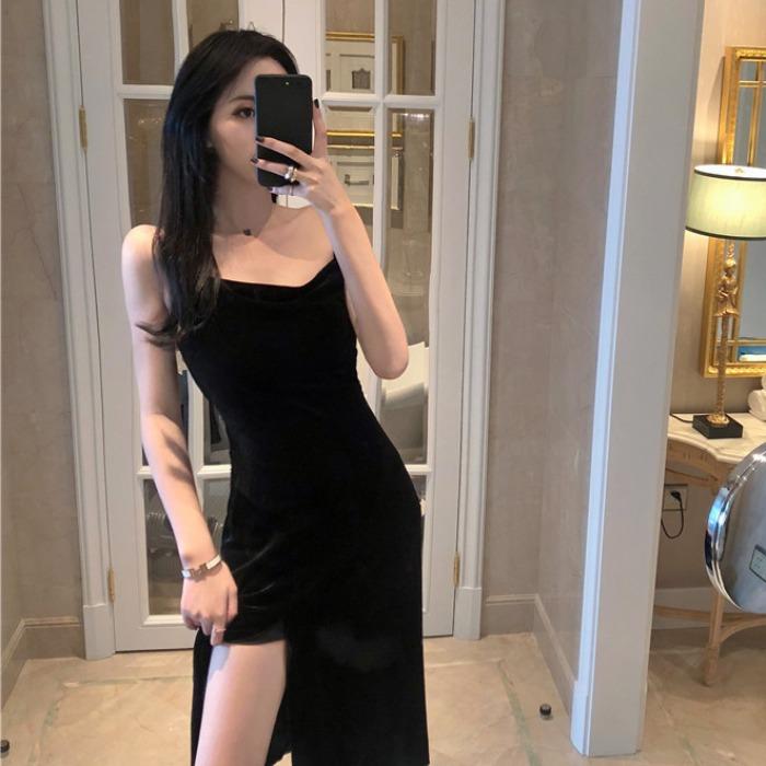Été 2024 Vintage Femmes Robe Spaghetti Sangle Fente Velours Robe Noire Sexy Moulante Bandage Robe Midi Soirée Cocktail Robe Sans Manches Robes