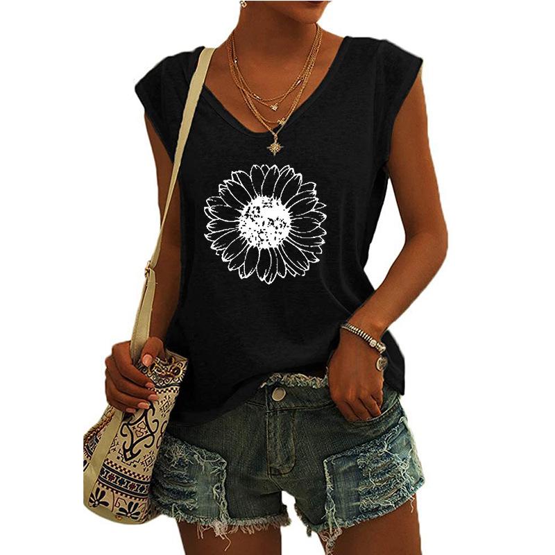 2023 Trendy Women's V-neck Print Cap Sleeve Loose T-shirt Top