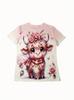 Pastel Pink Floral Cow Women's Tee - Cute Fluffy Calf & Rose Heart Graphic, Sweet Romantic Print Design for Casual Daily Wear