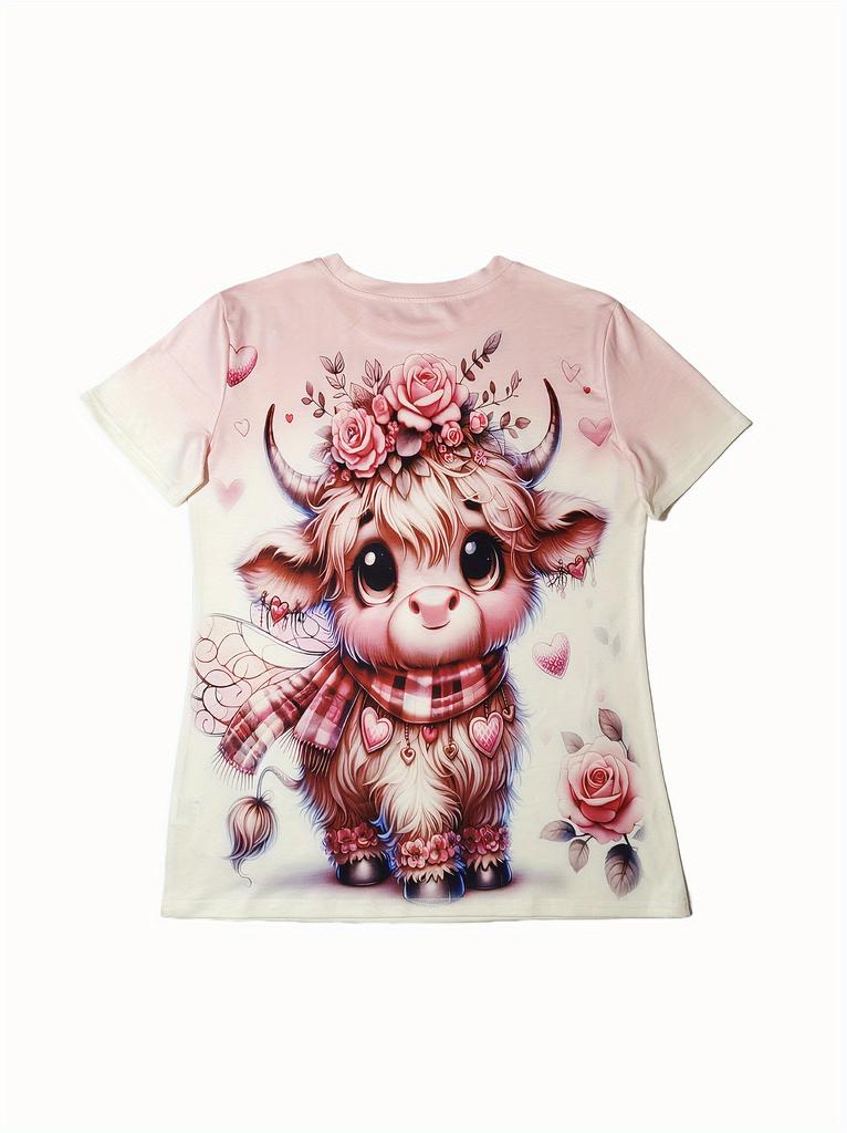 Pastel Pink Floral Cow Women's Tee - Cute Fluffy Calf & Rose Heart Graphic, Sweet Romantic Print Design for Casual Daily Wear