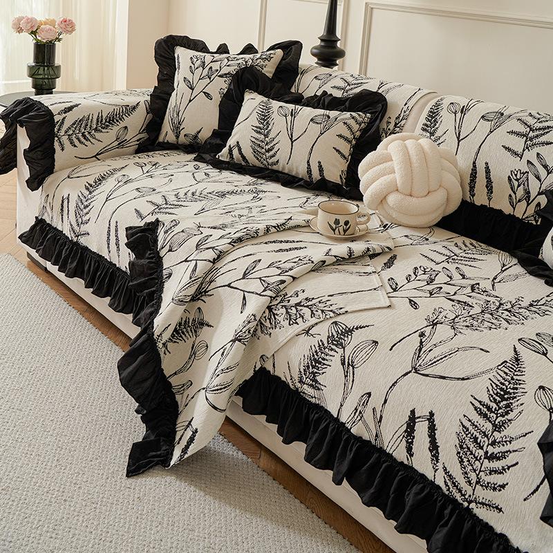 French Sofa Cushion, Universal In All Seasons, Non-Slip, Chenille Fabric, Leaf Ruffle Edge Seat Cushion, Simple Full Set Of Cover