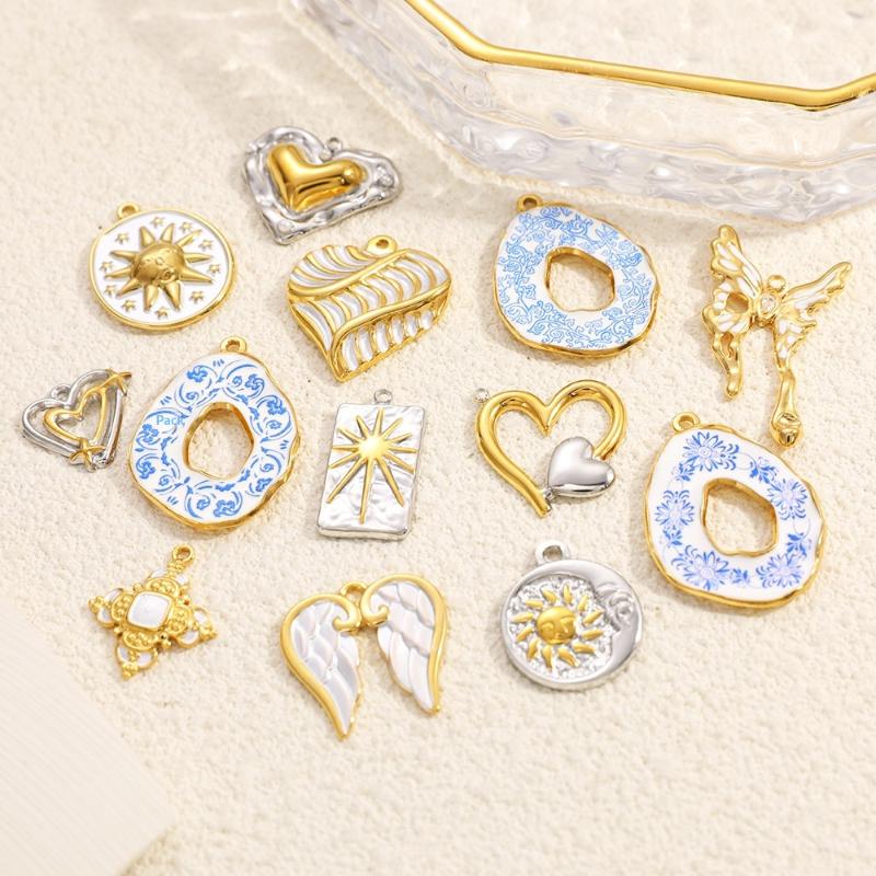 304 Stainless Steel Pendants Plated Blue Drop Flower Printed Charms For Diy Necklace Jewelry Making